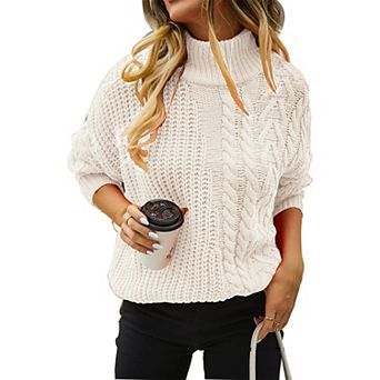 Womens Cable Knit Turtleneck Sweater Fall Winter Chunky Mockneck Pullover Sweater for Lady