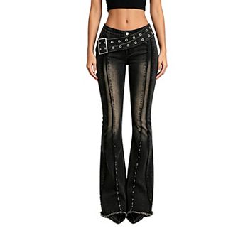 Women Low Waist Jeans Distressed Raw Hem Denim Pants Eyelet Belt Bootcut Trousers