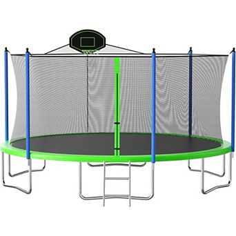Yurblax 16ft Round Trampoline w/ Basketball Hoop & Enclosure, ASTM Approved, Green