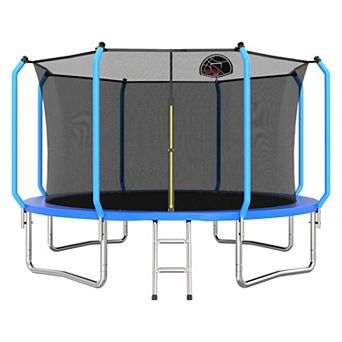 Yurblax 8-14FT Trampoline w/ Basketball Hoop, Ladder & Enclosure Net, Blue