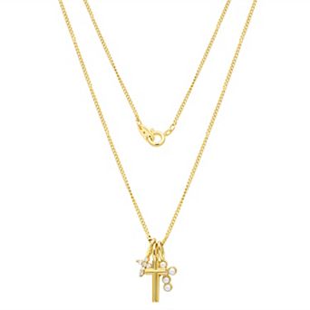Taylor Grace 14k Gold Flash Plated Round Bezel-Set Cubic Zirconia and Faux Pearl Charm Necklace