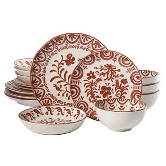Bloomhouse Valencia Flor 16 pc Artisanal Decorated Stoneware Plates and Bowls Set