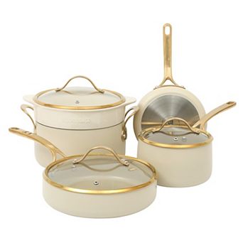 Bloomhouse 8 pc Pots and Pans Heavy Duty Aluminum Premium Ceramic Nonstick with Gold Handle