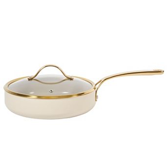 Bloomhouse 10 in Heavy Duty Aluminum Premium Ceramic Nonstick Frying Pan with Lid and Gold Handle