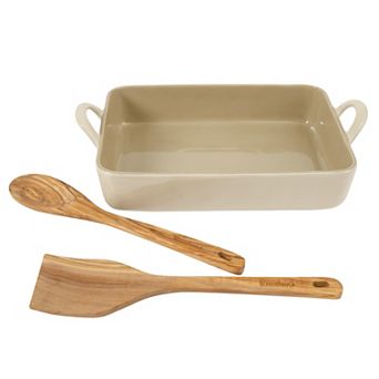 Bloomhouse 3 pc 9x13 Ceramic Bakeware Set with Olive Wood Tools Linen Taupe