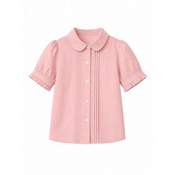 FUNJULY Girls' Cotton Blouse Puff Ruffle Short Sleeve Button Down Shirt Uniform School Tops