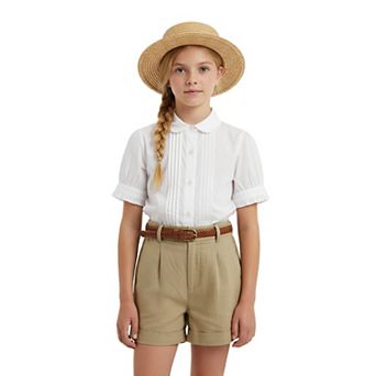FUNJULY Girls' Cotton Blouse Puff Ruffle Short Sleeve Button Down Shirt Uniform School Tops
