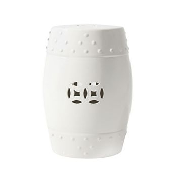 Garden Accent Stool, Round Drum Shape, Ceramic, Cut Out Details
