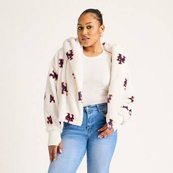 Women's White New York Mets All Over Print Logo Cropped Lounger Lite Sherpa Jacket
