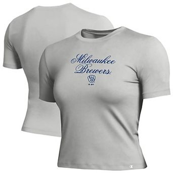 Women's Champion Gray Milwaukee Brewers Soft-Touch Fitted Cropped T-Shirt