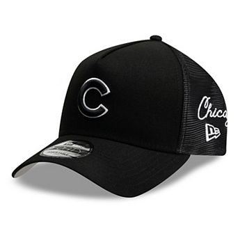 Men's New Era Black Chicago Cubs Side Script 9FORTY A-Frame Trucker Adjustable Hat
