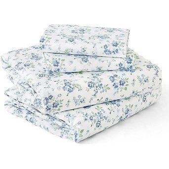 Queen 4 pc Sheet Set, Soft Cooling Deep Pocket Bedding, Light Blue Blossoms Print