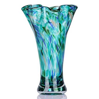 9.0" Hand Blown Glass Vase Teal Flower Centerpiece Home Decor