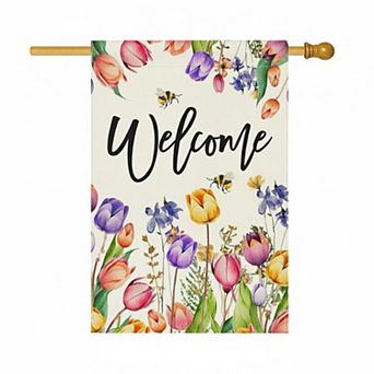 Spring Summer Easter Tulip Welcome House Flag Double Sided Bee Colorful Floral Burlap Yard Seasonal