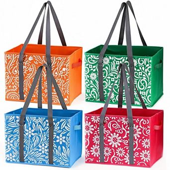 4 Pack Reusable Grocery Bags Collapsible Large Storage Box Heavy Duty Foldable Tote With Reinforced
