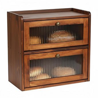 Wooden Bread Box 2-Layer Large Capacity Ventilation Holes Acrylic Door Magnetic Kitchen Storage