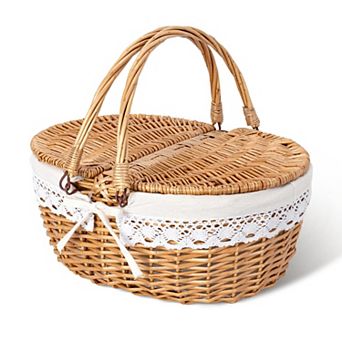 Handwoven Willow Picnic Basket Dual Lid Washable Liner Spacious Vintage Oval