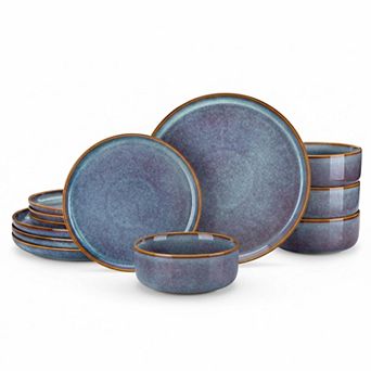 12 pc Dinnerware Set for 4 Reactive Glaze Ceramic Microwave Dishwasher Safe