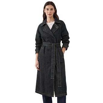 Womens Denim Trench Coats Double Breasted Long Sleeves A Line Lapel Belted Pockets Back Slit Jackets