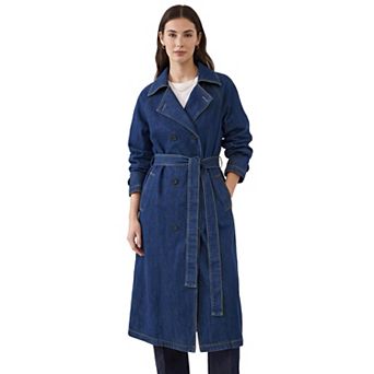 Womens Denim Trench Coats Double Breasted Long Sleeves A Line Lapel Belted Pockets Back Slit Jackets