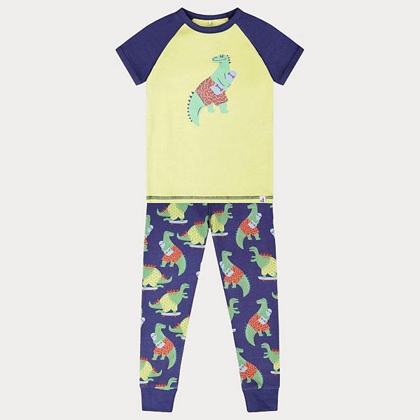 Little Kids Boy Organic Cotton Two-Piece Pajama Set Blue Dino Print