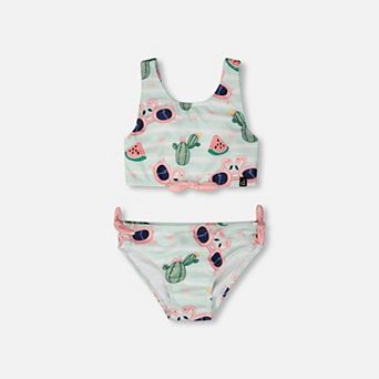 Little Kids Girl Flamingo and Cactus Print Top and Bottom Two-Piece Swimsuit