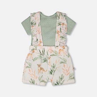 Baby Girl Pointelle Onesie and Cotton Muslin Shortall Set Deer Print