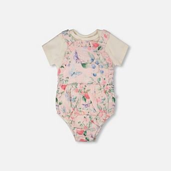 Baby Girl Organic Cotton Jersey Onesie and Muslin Overall Set and Printed Berries