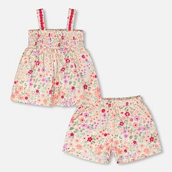 Big Kids Girl Tank Top with Smocking and Shorts Set In Muslin Printed Flowers
