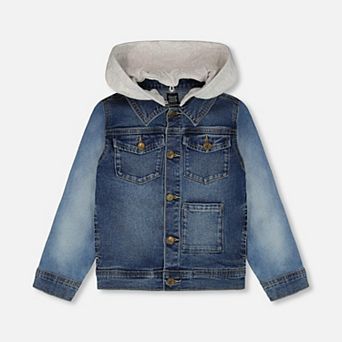 Little Kids Boy Denim Jacket with Removable French Terry Hood
