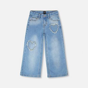Big Kids Girl Wide Leg Denim Jeans with Heart Embroidery