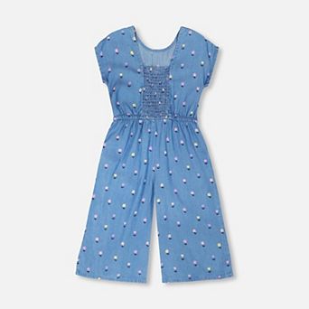 Big Kids Girl Chambray Jumpsuit Flower Print