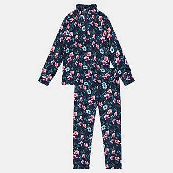 Little Kids Girl Two Piece Floral Print Half-Zip Thermal Underwear Top and Pants Set