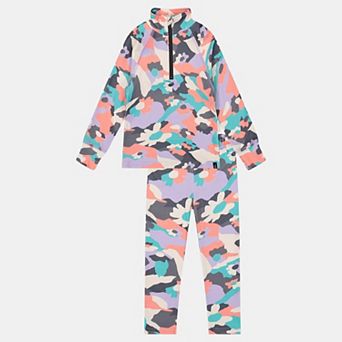 Little Kids Girl Two Piece Camouflage Print Half-Zip Thermal Underwear Top and Pants Set