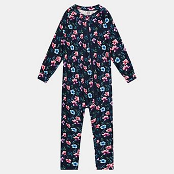 Little Kids Girl One Piece Floral Print Asymmetric Zip Thermal Underwear