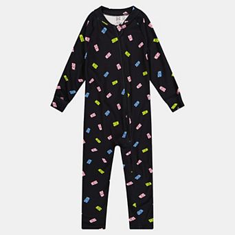 Little Kids Girl One Piece Asymmetric Zip Thermal Underwear with Printed Gummy Bears