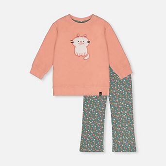 Big Kids Girl Ribbed Tunic and Flared Leggings Set with Floral Print