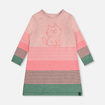 Little Kids Girl Cat Appliqué Striped Knitted Dress