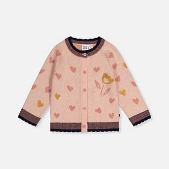 Big Kids Girl Heart Jacquard Button-Front Knitted Cardigan