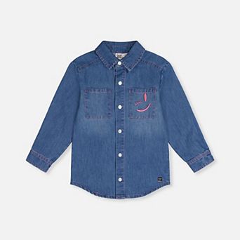Little Kids Girl Smiley Graphic Snap-Front Denim Shirt