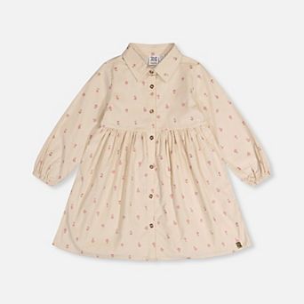 Little Kids Girl Floral Print Corduroy Shirt Dress