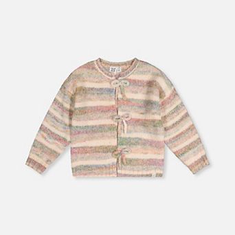 Big Kids Girl Striped Bow Appliqué Knitted Cardigan
