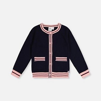 Little Kids Girl Striped Trim Button-Front Knitted Cardigan