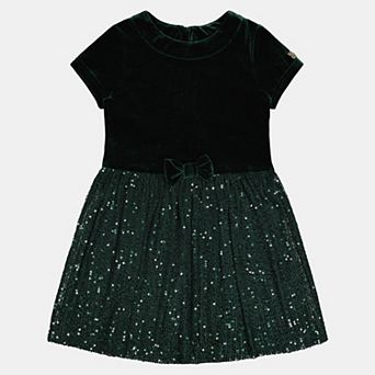 Little Kids Girl Bi-Material Short Sleeve Dress with Glittering Skirt