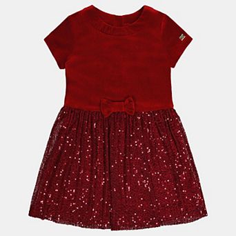 Little Kids Girl Bi-Material Short Sleeve Dress with Glittering Skirt