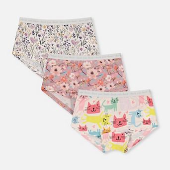 Little Kids Girl Cat, Floral and Heart Print Boyshort Panty Pack of 3 with Elastic Waistbands