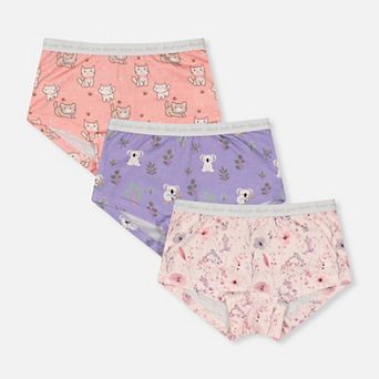Little Kids Girl Cat, Floral and Koala Print Boyshort Panty Pack of 3 with Elastic Waistbands