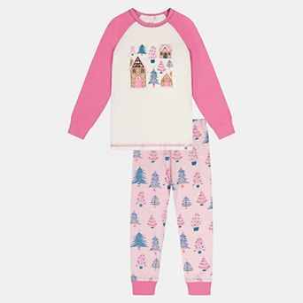 Little Kids Girl Organic Cotton Tree Two Piece Pajama Set with Raglan Sleeve Top and Waist Pants