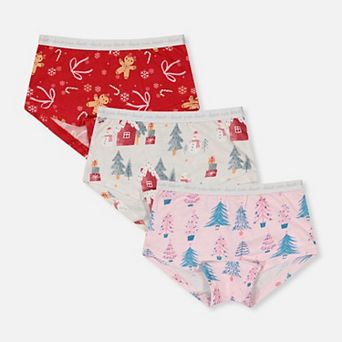 Big Kids Girl Holiday Print Boyshort Panty Pack of 3 with Elastic Waistbands