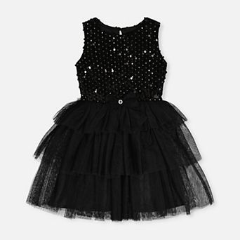 Little Kids Girl Bi-Material Sparkle Velour Sleeveless Tiered Mesh Dress